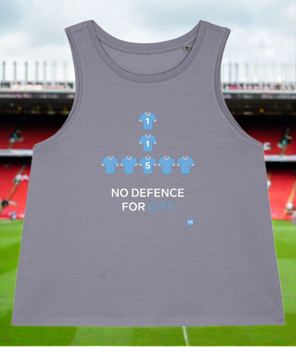 Womens No Defence Cotton Grey Vest. 115 Charges against FFP breaches and cheating. United against cheats in City of Manchester.